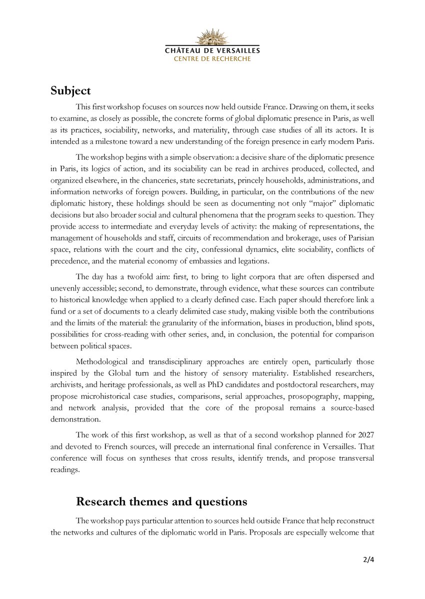 Ringot_B's tweet photo. 📣 CFP for virtual workshop “Diplomatic World in Paris (17th–18th c.) – sources held outside France”, 16 Dec 2026 on Zoom. 

20-min papers (ENG/FR). 
Deadline 31 May 26

More details: https://t.co/Oj4rS3iyNI 

#versaillesrecherche https://t.co/te3FiYgn32