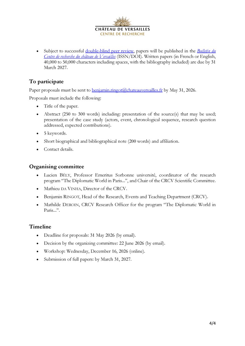 Ringot_B's tweet photo. 📣 CFP for virtual workshop “Diplomatic World in Paris (17th–18th c.) – sources held outside France”, 16 Dec 2026 on Zoom. 

20-min papers (ENG/FR). 
Deadline 31 May 26

More details: https://t.co/Oj4rS3iyNI 

#versaillesrecherche https://t.co/te3FiYgn32