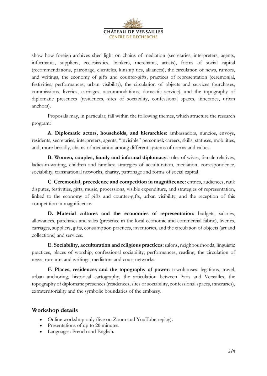 Ringot_B's tweet photo. 📣 CFP for virtual workshop “Diplomatic World in Paris (17th–18th c.) – sources held outside France”, 16 Dec 2026 on Zoom. 

20-min papers (ENG/FR). 
Deadline 31 May 26

More details: https://t.co/Oj4rS3iyNI 

#versaillesrecherche https://t.co/te3FiYgn32