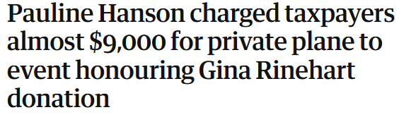adamnicotera's tweet photo. Pauline Hanson charged taxpayers $8,870 for a chartered plane from Tamworth to Avalon in October 2025 to attend an event honouring mining billionaire Gina Rinehart’s donation to a private agricultural college, Marcus Oldham College in Geelong.

#auspol https://t.co/g9fiNT4K8Y