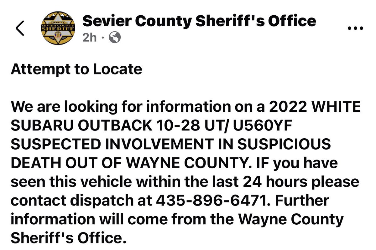 SLCScanner's tweet image. 🚨 Wayne County, UT Sheriff’s Office alert (posted ~2h ago): Due to recent incidents today, residents asked to take extra precautions—keep lights on, doors locked, stay home/with others if possible tonight. Multiple agencies active in area.

Report concerns only to dispatch: