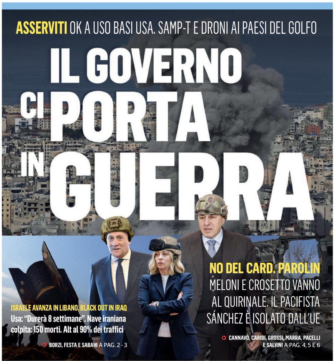 Ok all’uso delle basi Usa, armi ai Paesi del Golfo
In altre parole il governo ci sta portando alla guerra
L’apertura del Fatto Quotidiano