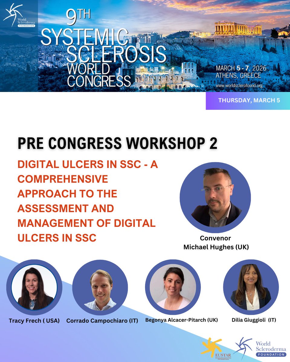 Worldsclerofnd's tweet photo. The pre-congress day at #SSWC2026 might be one of the most practical parts of the meeting.
🔬 Fibrotic skin – Thomas Krieg
🩹 Digital ulcers – Michael Hughes
🔎 Capillaroscopy – Vanessa Smith
📏 mRSS standardisation – Dinesh Khanna
Arrive early. You won’t regret it 🇬🇷 https://t.co/FyrNbxcbJy