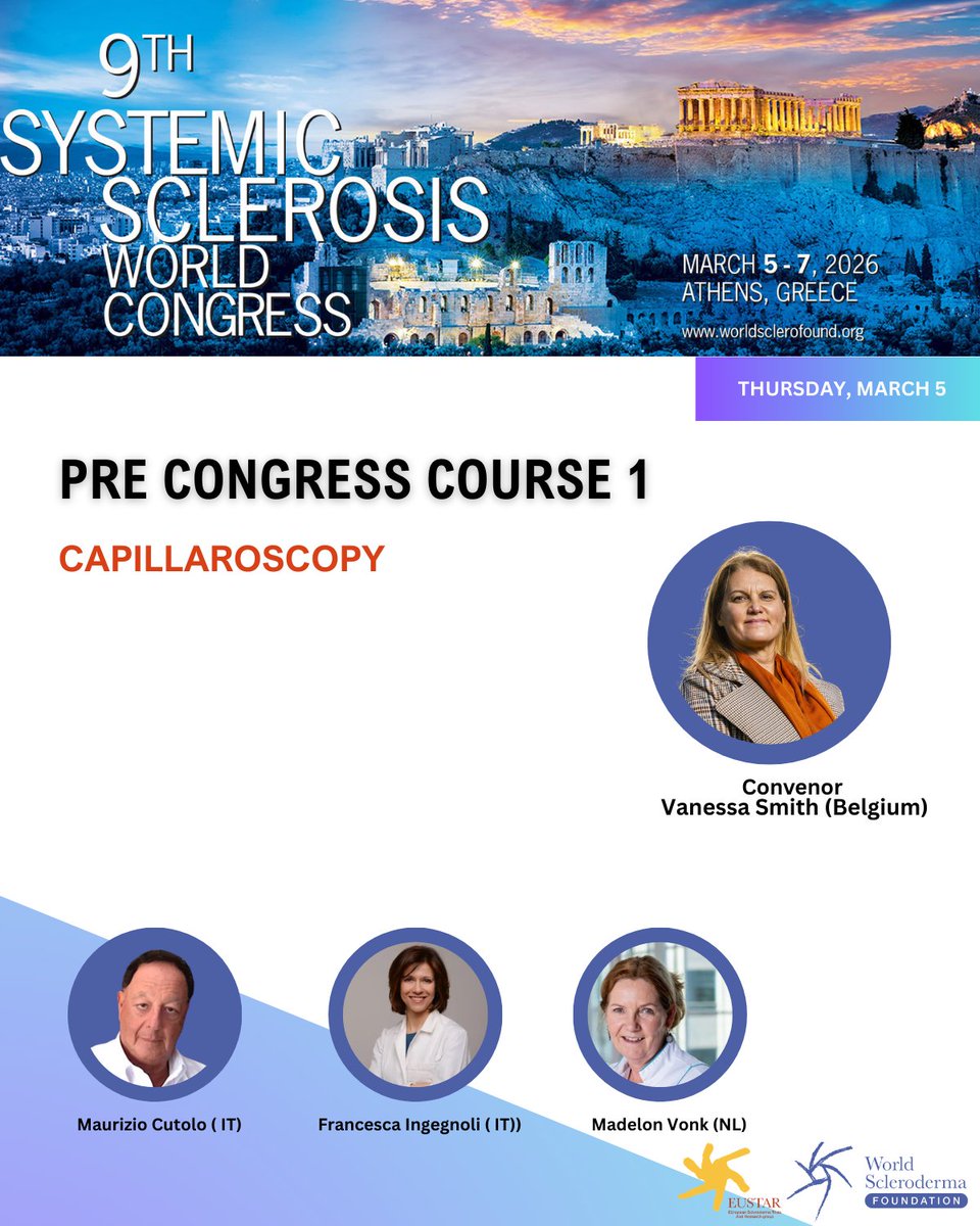 Worldsclerofnd's tweet photo. The pre-congress day at #SSWC2026 might be one of the most practical parts of the meeting.
🔬 Fibrotic skin – Thomas Krieg
🩹 Digital ulcers – Michael Hughes
🔎 Capillaroscopy – Vanessa Smith
📏 mRSS standardisation – Dinesh Khanna
Arrive early. You won’t regret it 🇬🇷 https://t.co/FyrNbxcbJy