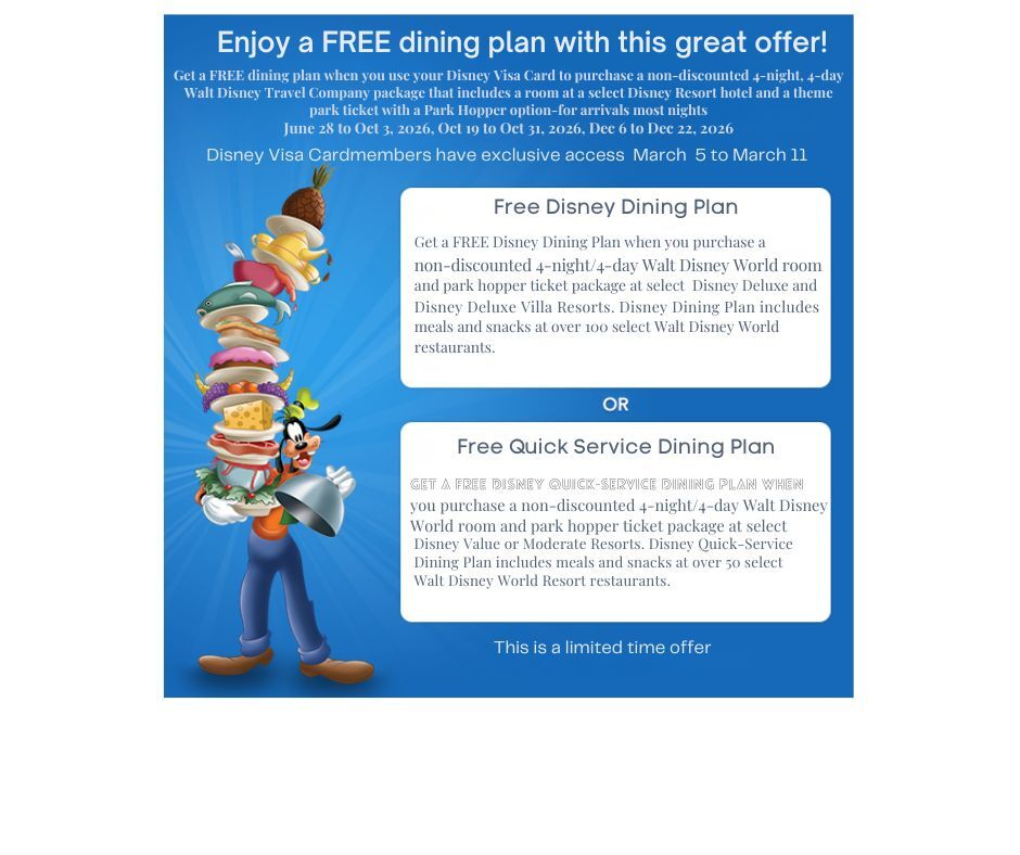 HappilyEverTrvl's tweet photo. ✨ Disney Visa Cardholders… this one is for you. ✨

For a limited time, Disney Visa Cardmembers get exclusive early access (March 5–11) to one of Disney’s most popular offers — FREE Dining at Walt Disney World.

Depending on the resort you choose, your vacation package may... https://t.co/aVHMHcfJF1