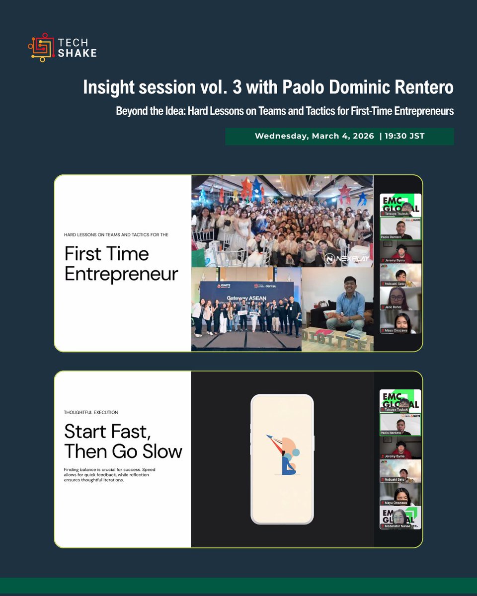 TechShake01's tweet photo. TechShake共同創業者・DirectorのPaolo Dominic Renteroが、@emcglobal2024 Insight Session #3で基調講演を実施。
起業初期のチームづくりや戦略について、実体験から得た学びを共有しました。
ご参加ありがとうございました！

#Startup #Entrepreneurship #ASEAN #JapanASEAN #EMCGlobal #StartupPH https://t.co/vykFTDRXJh