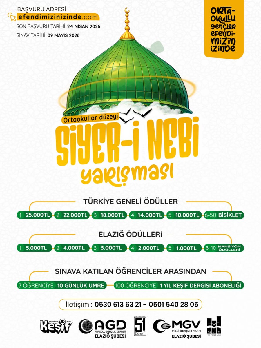 📍 Gençler Efendimizin İzinde Ödüllü Siyer-i Nebi Yarışması (Ortaokullar Düzeyi) Başvuruları Başladı. 

🗓 Son Başvuru Tarihi: 24 Nisan 2026 

✒️ Sınav Tarihi: 9 Mayıs 2026 

efendimizinizinde.com 🖱️ 

#GençlerEfendimizinİzinde
#BirYıldızınİzinde