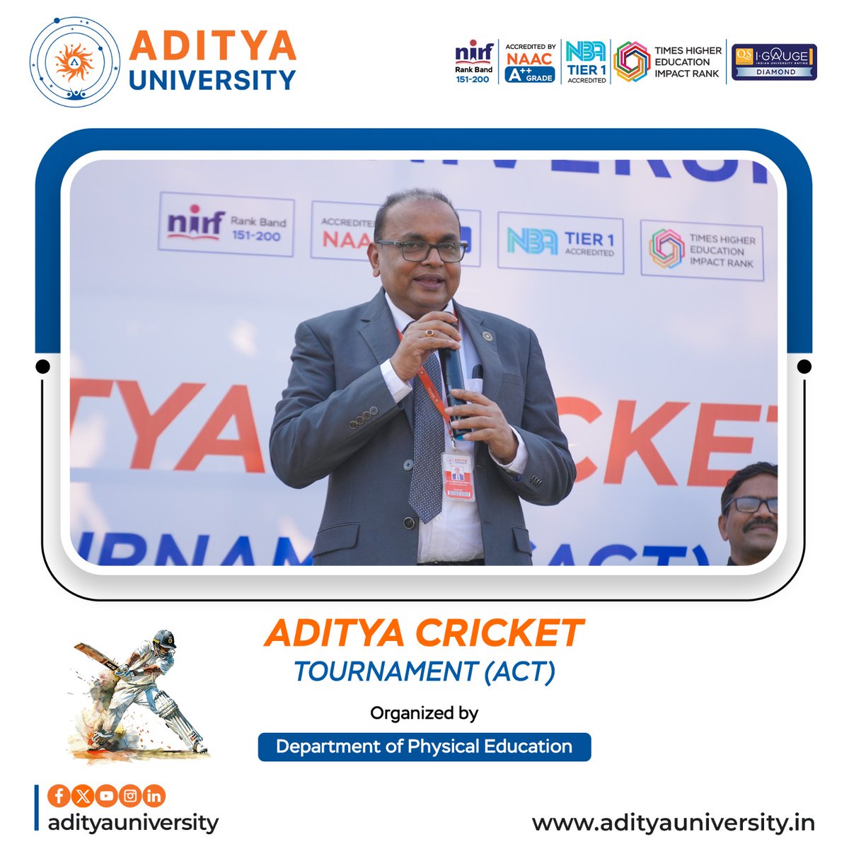 srmedapati's tweet photo. It gives me immense pleasure to witness the inauguration of the Aditya Cricket Tournament (ACT) 2026, a wonderful initiative that celebrates the spirit of sportsmanship, teamwork, and healthy competition. 
#AdityaUniversity #AdityaCricketTournament
#ACT2026  #CampusSports https://t.co/077C6jlI8Y