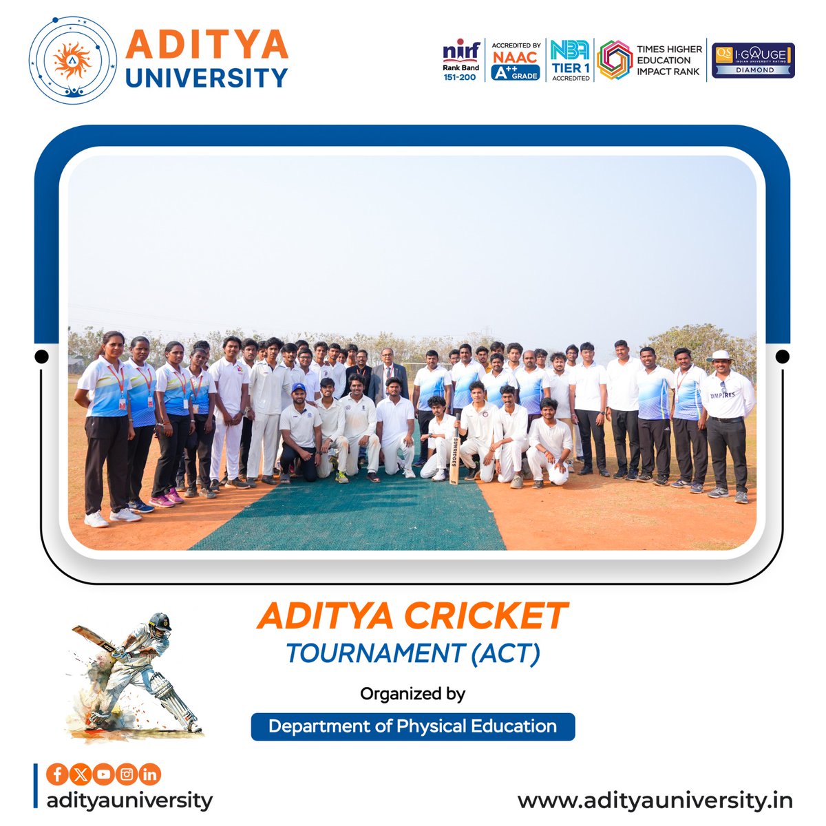 srmedapati's tweet photo. It gives me immense pleasure to witness the inauguration of the Aditya Cricket Tournament (ACT) 2026, a wonderful initiative that celebrates the spirit of sportsmanship, teamwork, and healthy competition. 
#AdityaUniversity #AdityaCricketTournament
#ACT2026  #CampusSports https://t.co/077C6jlI8Y