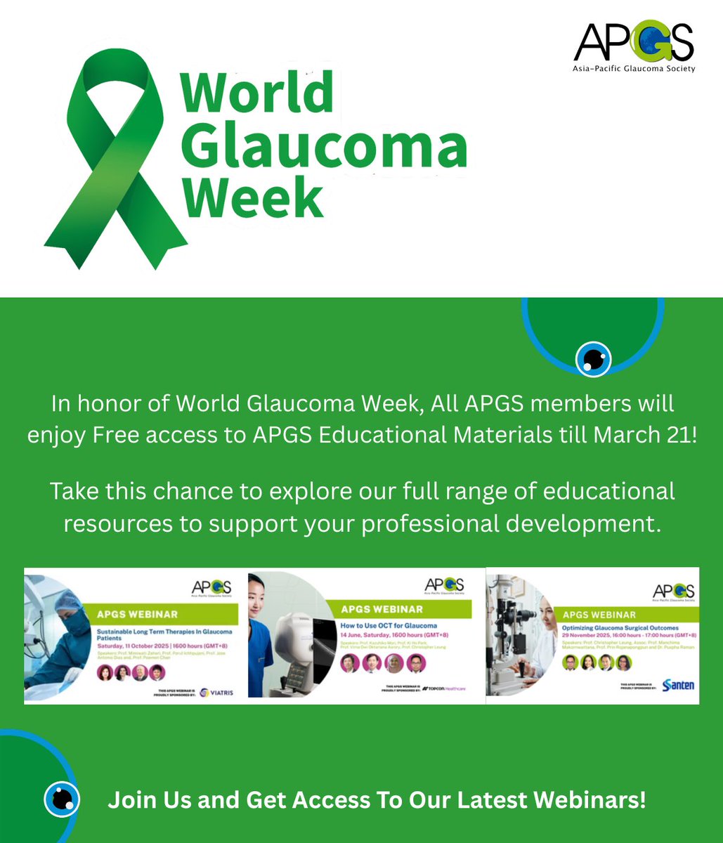 APGS_org's tweet photo. Don’t miss this chance to enjoy our Free educational materials from 2 March to 21 March in honor of World Glaucoma Week!

Sign up now!: https://t.co/OiPkzaahF1

Watch the latest webinars here: https://t.co/qTVCpT3gJL https://t.co/sOhvaiAhUv