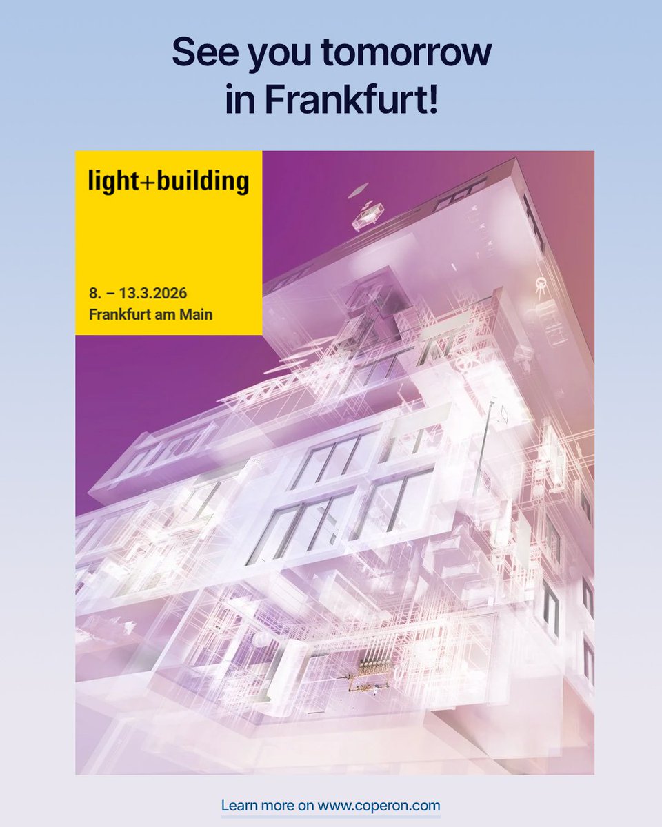 CoperonTech's tweet image. The Coperon team is touching down and getting ready for Light + Building 2026. We can’t wait to reconnect with our partners and showcase how our digital solutions are simplifying the world of lighting.
See you tomorrow in Frankfurt!

#LightBuilding #LB26 #Frankfurt #Coperon