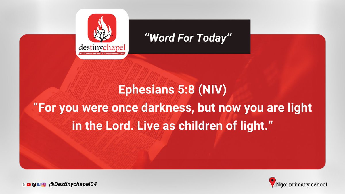 Today’s Word reminds us that our identity has changed. We were once in darkness, but now we are light in the Lord. May our lives shine and point others to Him. 
#DestinyChapel #light #shine