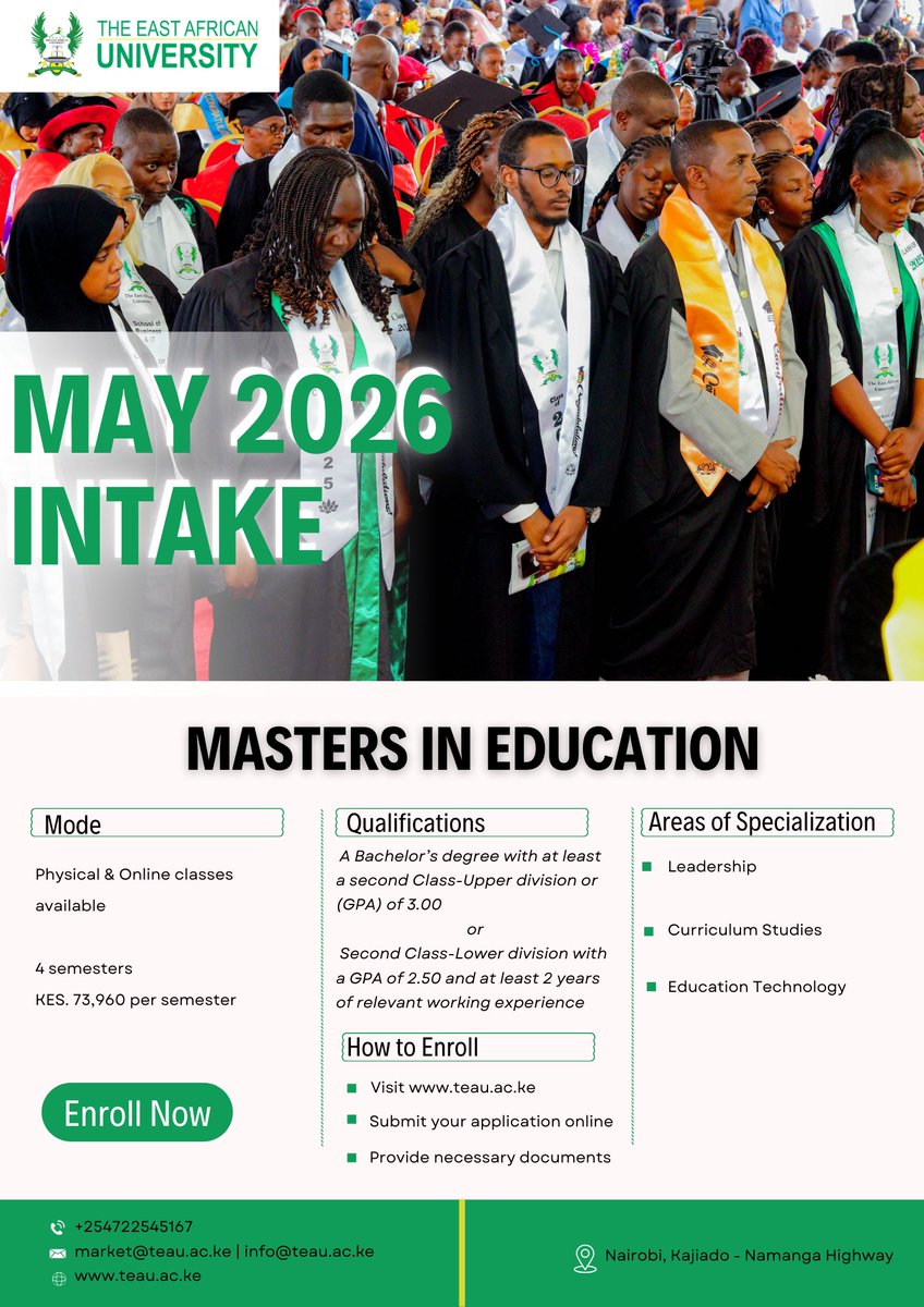 TEAU_Kitengela's tweet photo. May 2026 Intake at The East African University is now open!
Take the next step in advancing your career in Education with our Masterโs in Education program
Apply now @ https://t.co/KOtTGS1pBI
#May2026Intake #MastersInEducation #StudyInKenya #EducationLeadership #GraduateStudies https://t.co/0pV8Svem6u