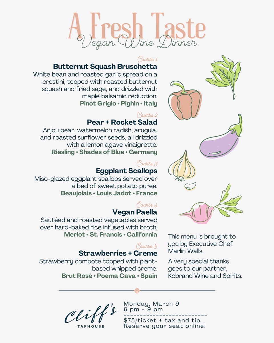 Spring is right around the corner and so is our first Vegan Wine Dinner of the year! A Fresh Taste boasts 5 delicious and thoughtfully crafted vegan courses coupled with wines that’ll make you ask for a bottle to go! Chef Marlin put in a ton of research and practice into this🥖