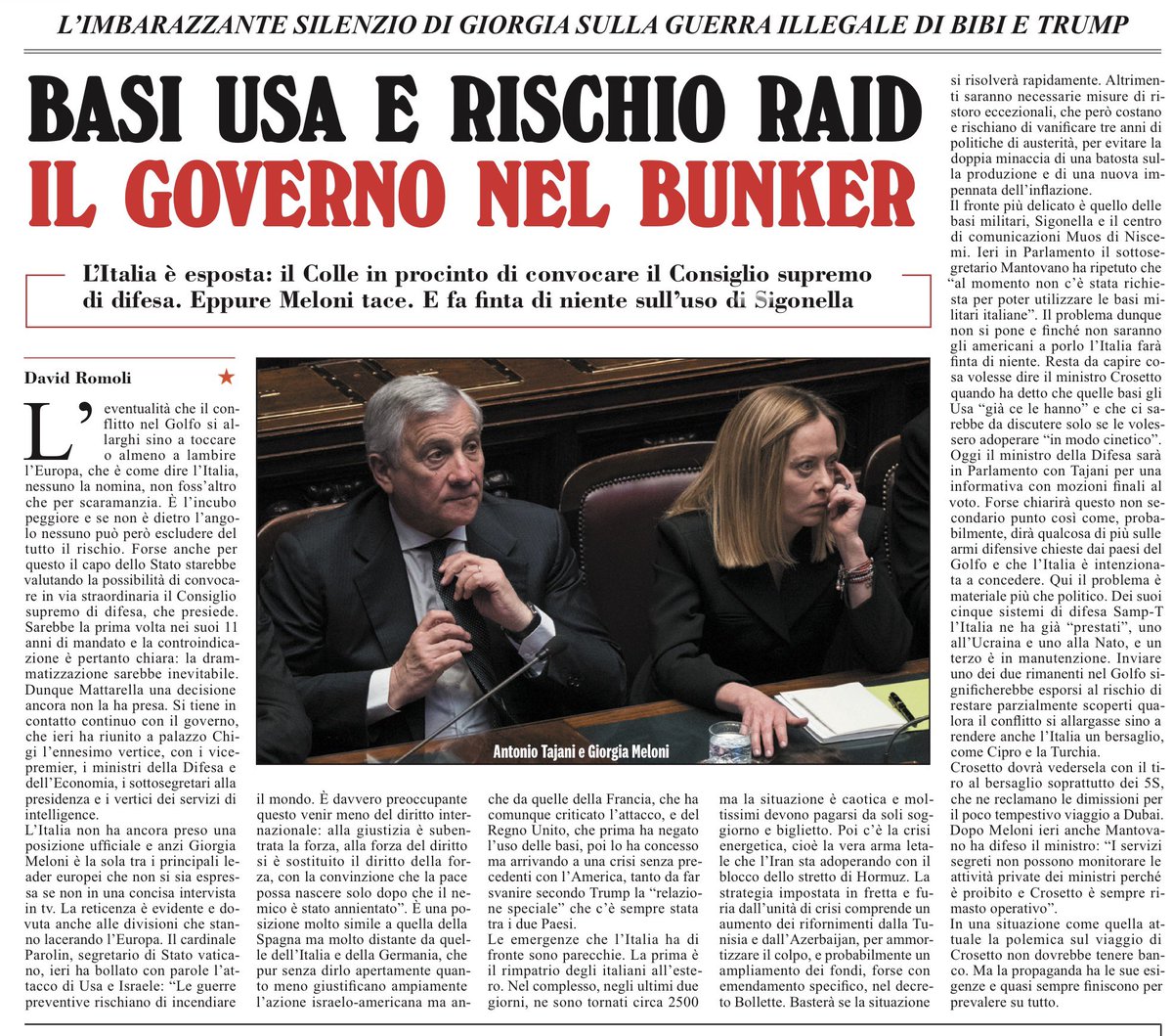 Imbarazzante Meloni
Le basi USA in Italia, bersaglio di raid
Ma il governo sta zitto e si chiude nel bunker
David Romoli, l’Unità