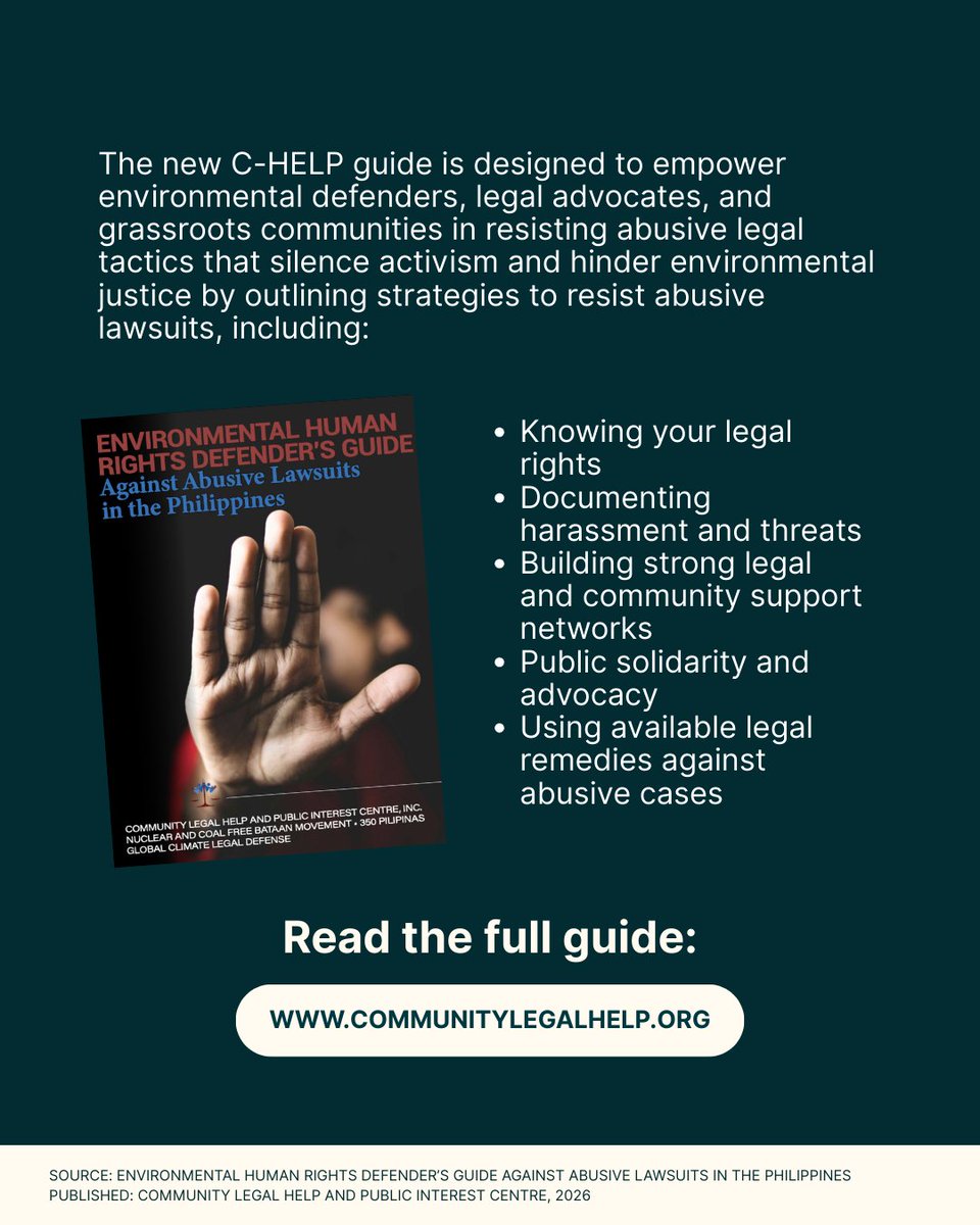 brkfreeplastic's tweet image. A new guide from Community Legal Help And Public Interest Centre outlines practical strategies for Environmental Human Rights Defenders to push back against abusive lawsuits and defend the defenders.

Protecting the environment should never be a crime.

#BreakFreeFromPlastic