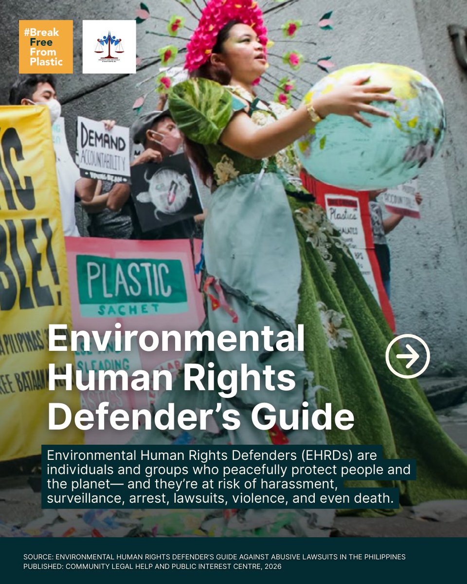 brkfreeplastic's tweet image. A new guide from Community Legal Help And Public Interest Centre outlines practical strategies for Environmental Human Rights Defenders to push back against abusive lawsuits and defend the defenders.

Protecting the environment should never be a crime.

#BreakFreeFromPlastic