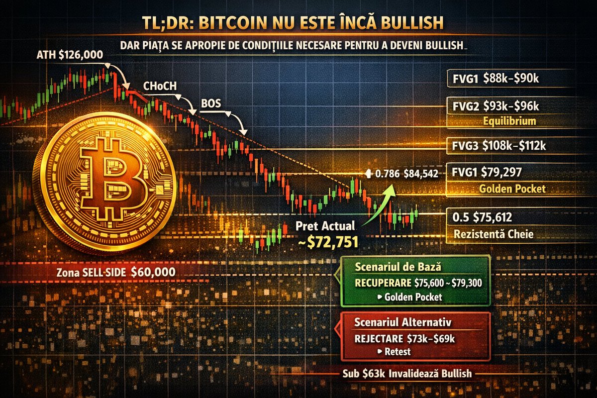 cryptopedia_ro's tweet photo. Structura $BTC arată primele semne de schimbare a momentumului, însă confirmarea trendului ascendent necesită validări suplimentare la nivel structural.

Graficul daily arată o corecție structurată, apărută după maximul istoric din jurul valorii de $126,199, atins în octombrie 2025.

Mișcarea de preț nu a avut caracteristicile unui crash dezordonat. Din contră, structura seamănă cu o fază de distribuție metodică, marcată de degradări progresive ale structurii pieței.

Prima schimbare majoră a apărut printr-un CHoCH aproape de vârful ciclului, semnalând epuizarea impulsului ascendent. Ulterior, piața a continuat cu o serie de Breaks of Structure (BOS) bearish, formând un downtrend clasic caracterizat prin lower highs și lower lows.

În această perioadă de corecție au rămas în urmă două Fair Value Gaps (FVG) importante între $108,000 și $116,000. Aceste dezechilibre nu au fost încă umplute și pot funcționa drept magnet de lichiditate pe termen mediu și lung, în cazul unei reluări a trendului ascendent.

Range-ul macro indică Equilibrium în jurul valorii de $93,000. Deasupra acestui nivel se află zona de premium, iar sub acesta se află zona de discount.

În prezent, Bitcoin se tranzacționează în jurul valorii de $72,751, ceea ce îl plasează încă adânc în zona de discount a acestui range.

Raportat la retragerea Fibonacci calculată de la ATH până la minimul din zona $60k, prețul se află în apropierea nivelurilor 0.382 (~$71,927) și 0.5 (~$75,612).

În prima parte a corecției, piața a realizat și un sweep al lichidității sell-side din jurul nivelului $60,000, eliminând stop-loss-urile acumulate în vechiul range de acumulare. Astfel de evenimente de lichiditate apar frecvent înaintea unor faze de tranziție structurală.

Un alt element important este apariția unui CHoCH bullish pe timeframe-ul daily în zona $68k–$69k, primul semnal că faza de distribuție ar putea fi aproape de final. Totuși, un singur CHoCH nu confirmă inversarea trendului; este necesară validarea structurii prin mișcări ulterioare.

Zone structurale importante

În cazul unei recuperări, Bitcoin va trebui să traverseze mai multe zone de dezechilibru rămase în piață.

Prima zonă relevantă apare în intervalul $88,000–$90,000, unde se suprapun un bearish order block și o zonă de imbalance. Mai sus, intervalul $93,000–$96,000 reprezintă zona de Equilibrium a range-ului macro, probabil cel mai important punct decizional pentru piață. Acceptarea prețului peste această zonă ar întări semnificativ scenariul bullish.

Următoarea zonă majoră de dezechilibru se află între $108,000 și $112,000, formată în timpul distribuției din faza finală a ciclului. Ultima barieră structurală înainte de o posibilă reluare a descoperirii de preț apare în zona $116,000–$120,000.

Niveluri Fibonacci relevante

Retragerea de la ATH până la minimul din jurul valorii de $60k oferă o hartă clară a nivelurilor unde piața ar putea reacționa.

Zona actuală de interacțiune se află în jurul nivelului 0.382 (~$71,927). Deasupra acestuia se află nivelul 0.5 (~$75,612), primul obiectiv tactic într-un scenariu de recuperare.

Mai sus se află Golden Pocket-ul (0.618) în jurul valorii de $79,297, o zonă cunoscută pentru reacții puternice ale pieței. Dacă acest nivel este depășit, următoarele rezistențe apar la 0.705 (~$82,013) și 0.786 (~$84,542), ultima zonă Fibonacci relevantă înainte de recuperarea structurală completă.

Este important de reținut că aceste niveluri reprezintă zone de test ale pieței, nu garanții de continuare.

Contextul actual al pieței

În momentul de față, piața se află într-o fază de tranziție.

Pe timeframe-ul daily, trendul rămâne tehnic bearish, deoarece seria de lower highs nu a fost încă invalidată. CHoCH-ul recent sugerează o posibilă schimbare de momentum, însă confirmarea trendului ascendent necesită pași suplimentari în structură.

Pentru o inversare bullish confirmată ar fi necesară o închidere daily peste $75,600, urmată de un retest reușit al zonei $72k–$73k ca suport și de formarea unui Higher High peste $73,306. 

‼️Fără aceste confirmări, orice mișcare ascendentă ar trebui interpretată drept retracement într-o structură bearish mai amplă.

Bitcoin se află într-un punct important de inflexiune. 

Corecția de la maximul ciclului a eliminat lichiditate semnificativă din piață, inclusiv clusterul sell-side din zona $60k, iar CHoCH-ul recent sugerează posibilitatea unei tranziții către o nouă fază de acumulare.

Scenariul de bază indică o recuperare către $75,600–$79,300, unde piața ar lua o decizie structurală importantă în zona Golden Pocket. Acceptarea peste $79k ar deschide drumul către $84k–$88k.

Scenariul alternativ presupune respingeri în zona $73k–$75k, urmate de un retest al intervalului $68k–$69k. Pierderea nivelului $67k pe închidere daily ar reactiva structura descendentă.

Invalidarea completă a scenariului bullish ar apărea în cazul unei închideri daily sub $63k, ceea ce ar semnala revenirea în zone de discount mai profunde.

În acest moment, Bitcoin nu a confirmat încă un trend ascendent, însă piața se află foarte aproape de condițiile necesare pentru ca această schimbare de structură să devină realitate.