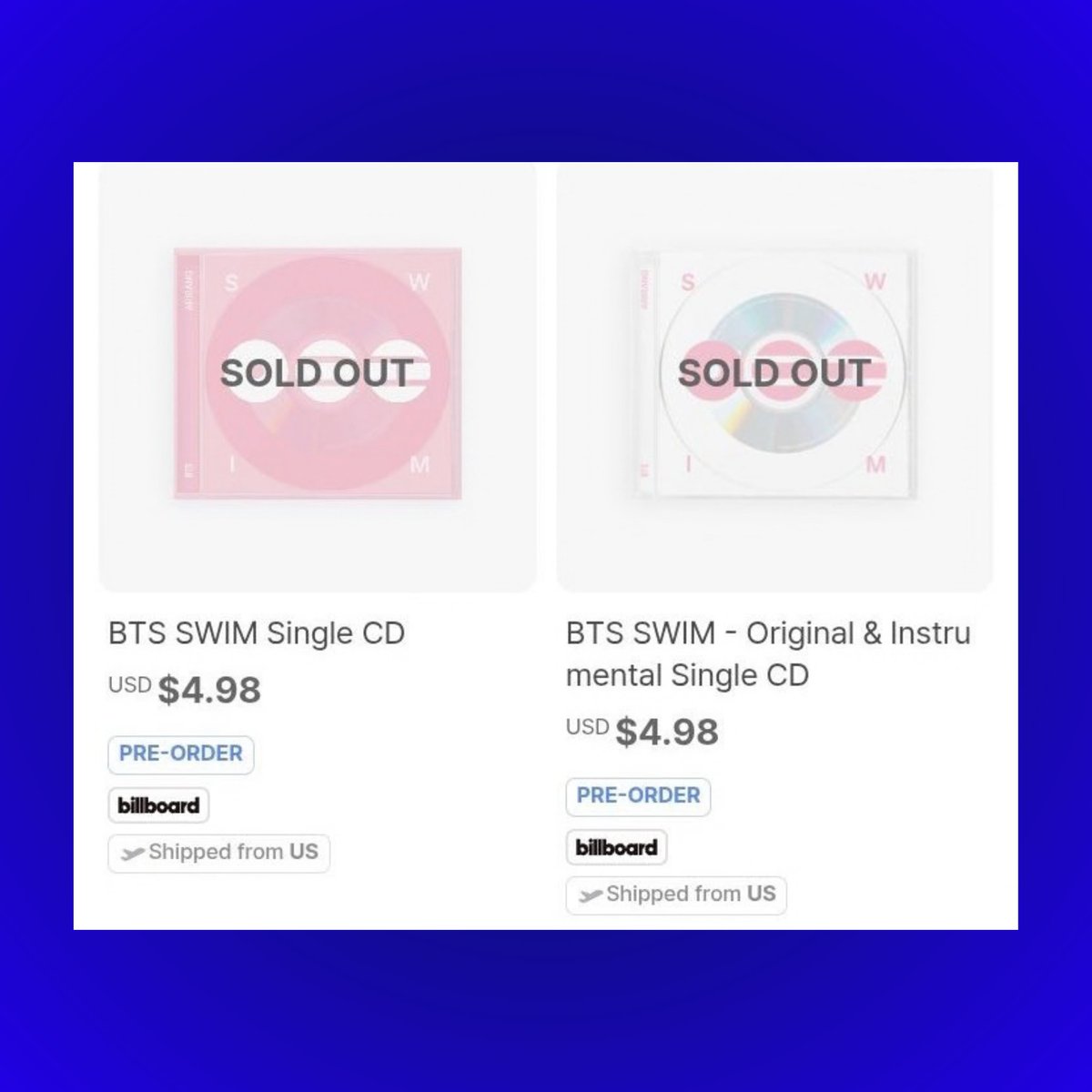 TheePopCore's tweet photo. BTS “SWIM” Single CD, along with the Original and Instrumental versions, SOLD OUT on Weverse Shop US in just a few minutes. https://t.co/5ICWgo4dll
