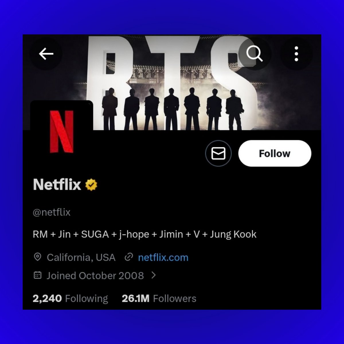 TheePopCore's tweet photo. Netflix updated their official X account, changing the header to BTS and the bio to the members’ names in fan chant order. https://t.co/xKehYJfRht