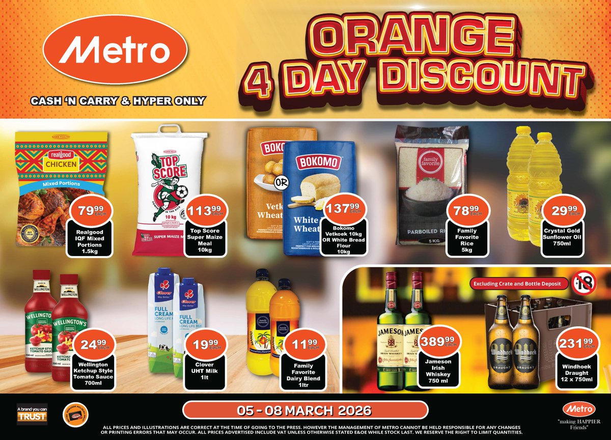 4 DAYS OF BIG SAVINGS START NOW!
Metro Cash n' Carry &amp; Hyper has you covered – from basic needs to cool beverages!
Hurry, limited time only &amp; while stocks last!
T&amp;Cs apply.