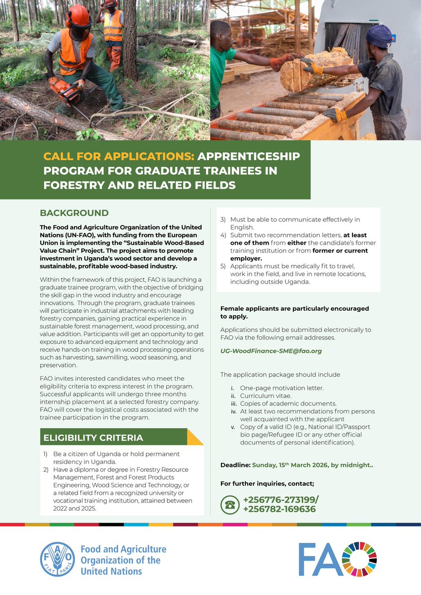 Ready to shape the future of sustainable forestry? 🌳

<a href="/FAO/">Food and Agriculture Organization</a> is offering fully funded apprenticeships for Ugandan graduates in #Forestry, Wood Science, &amp; Engineering.

Gain field experience with industry leaders - on us! 

🗓️ Deadline: Apply by March 15.
#GreenJobs 

Details 👇