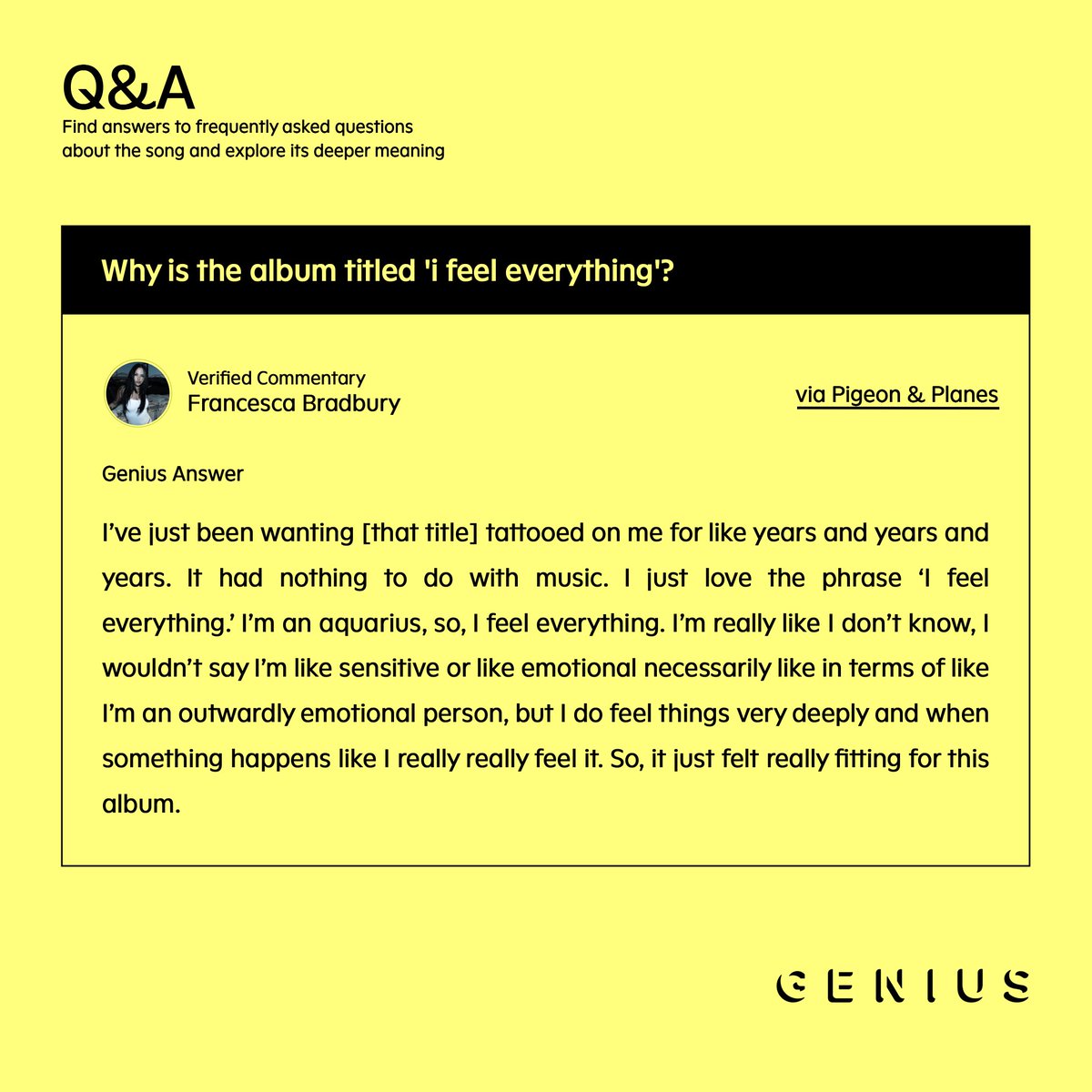 GeniusIncRP's tweet photo. © #GeniusIncRP › 𝖰&amp;𝖠 › #FranNation
𝗙𝗿𝗲𝗾𝘂𝗲𝗻𝘁𝗹𝘆 𝗮𝘀𝗸𝗲𝗱 𝗾𝘂𝗲𝘀𝘁𝗶𝗼𝗻: Why is the album titled “I feel everything? https://t.co/wwQOBieCtv