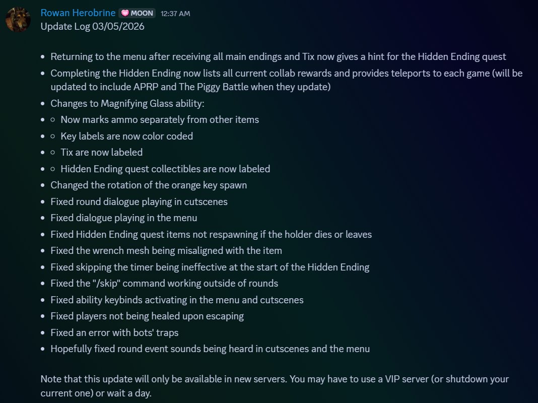 We've just released a QoL (quality of life) update for Piggy: The Classic! Please report any bugs you find in our Discord server's bug reports forum or our replies. roblox.com/games/17551554…