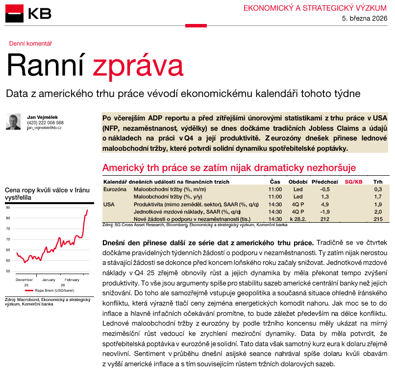 Kromě geopolitiky dne budou finanční trhy sledovat další data z amerického trhu práce (Jobless Claims, ULC, produktivitu). Podle nás v <a href="/komercka/">Komerčka</a> by data měla ukázat na stále relativně dobou kondici. Více v #KBranní zde bit.ly/40bRIK4.