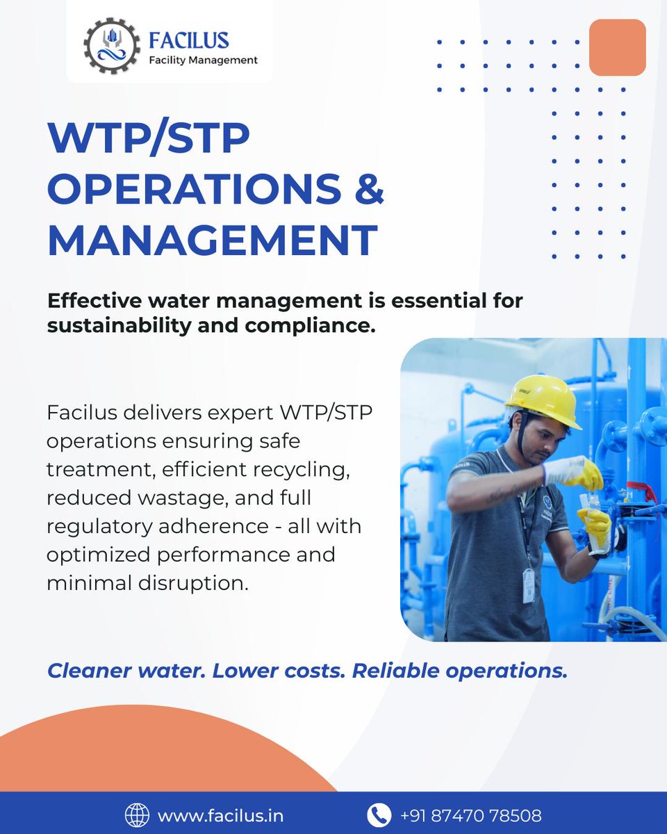 facilusfms's tweet image. Water management is critical to sustainability and compliance. Facilus provides expert WTP/STP operations that ensure safe treatment, efficient recycling, and optimized performance. 

.

#Facilus #WTPManagement #STPServices #WaterCare #SustainableOps #BrandName