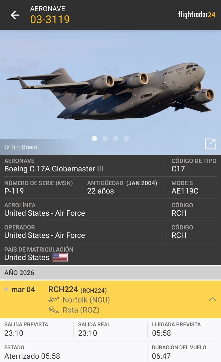 Siguen llegando vuelos de la Fuerza Aérea 🇺🇲 a Rota 🇪🇸 a pesar de lo que digan algunos en España. Hoy Jueves 5 de Marzo a las ~6am llegó el C17-A Globemaster III 03-3119.