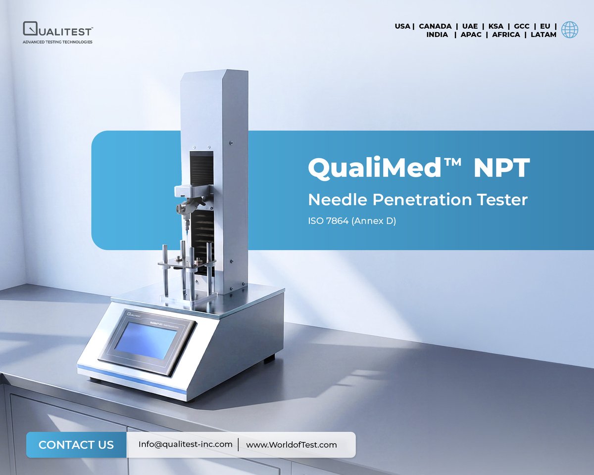 Qualitestinc's tweet image. Qualitest Inc. QualiMed™ NPT Needle Penetration Tester measures the consistency and firmness of semi-solid materials with controlled penetration for accurate, repeatable texture analysis.

🔗 worldoftest.com/needle-penetra…

#NeedlePenetration #QualityControl #LabEquipment #Qualitest