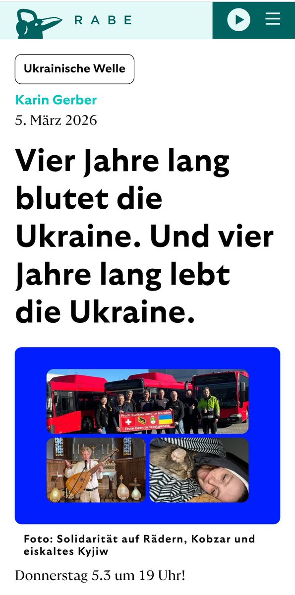 Vier Jahre lang blutet die Ukraine. 
Und vier Jahre lang lebt die Ukraine.

Heute 19:00 in der Ukrainischen Welle auf Rabe.
rabe.ch/beitrag/05-03-…