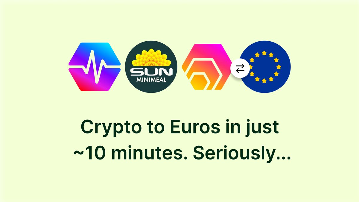 Sell crypto. Get Euros. In ~10 minutes.

That's it. No waiting days. No confusion.

Built for the <a href="/PulseChain/">PulseChain</a> community. By people who actually use it. 🫀

<a href="/SUNMINIMEAL/">SUN Minimeal</a> <a href="/PulseChainStats/">PulseChainStats.com | PulseChain Stats & Portfolio</a> <a href="/Hexologist31/">Hexologist 🇺🇸</a> <a href="/RichardHeartWin/">Richard Heart</a> 

#PulseChain