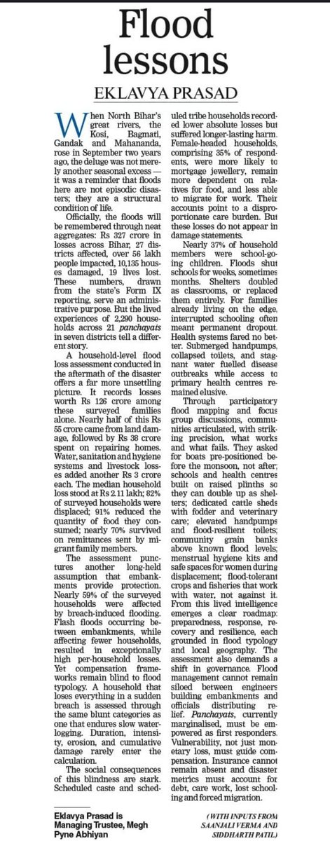 Watervagabond's tweet image. My article “Flood Lessons” on #Bihar’s #flood realities, drawing on 2024 ground assessments supported by Tata Trusts, was published in The Telegraph. It reflects on lessons from the 2024 floods, on #vulnerability, #preparedness, &amp;amp; listening to #communities living with #floods.