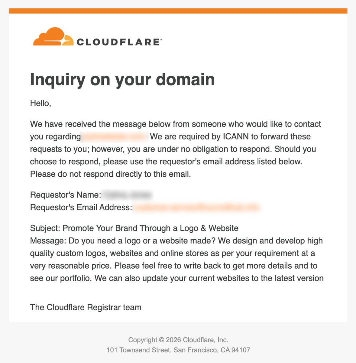 enbrightened's tweet photo. So @Cloudflare is "required by ICANN" to send me junk on behalf of a spammer, with no way for me to unsubscribe or block? Hmm. https://t.co/HboG5Y9HBa