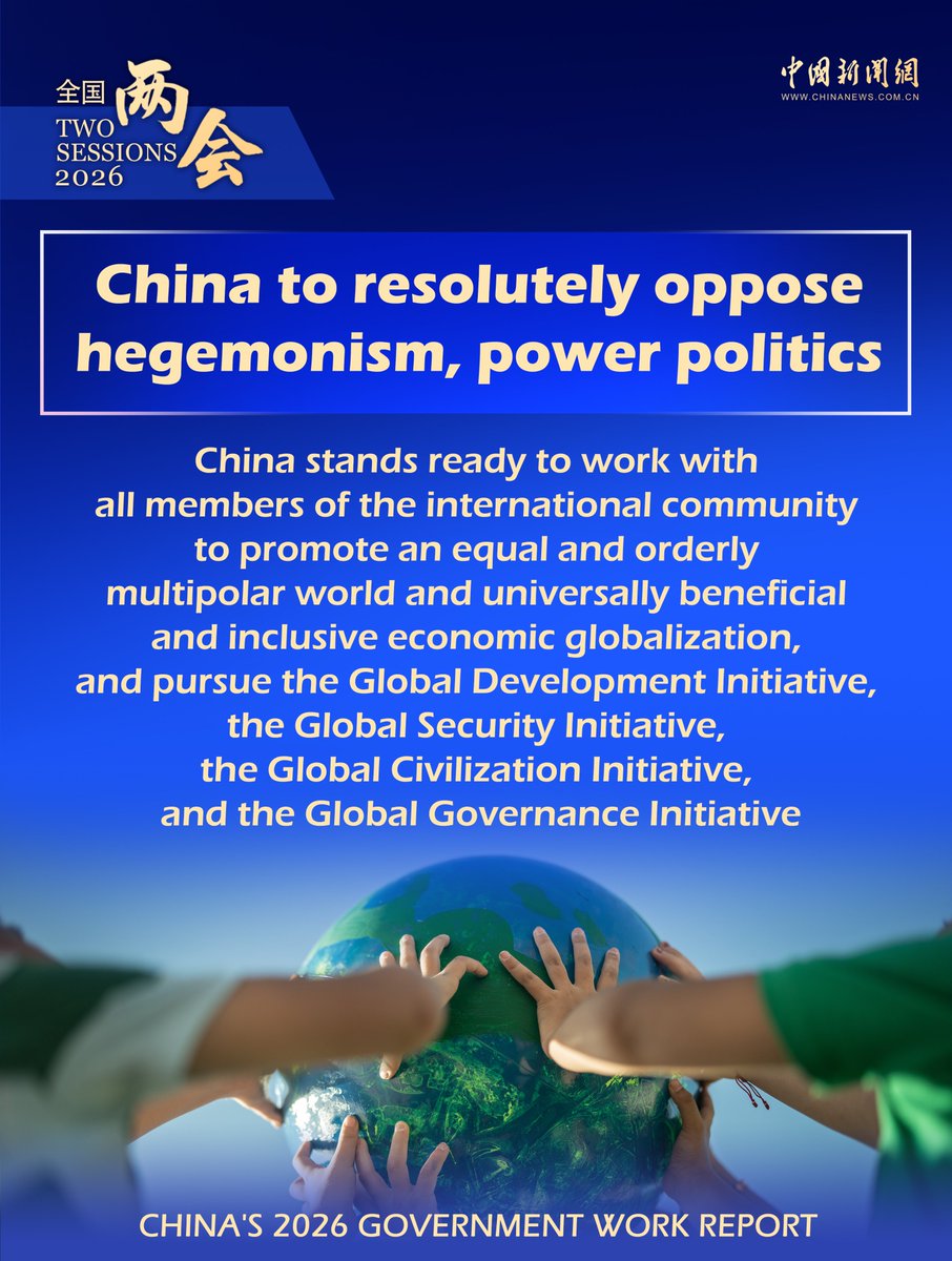 Echinanews's tweet photo. #NumbersofTwoSessions China will resolutely oppose hegemonism and power politics, and uphold international fairness and justice, according to the government work report. It will stay committed to an independent foreign policy of peace and to peaceful development, and will expand its global network of partnerships. #TwoSessions2026