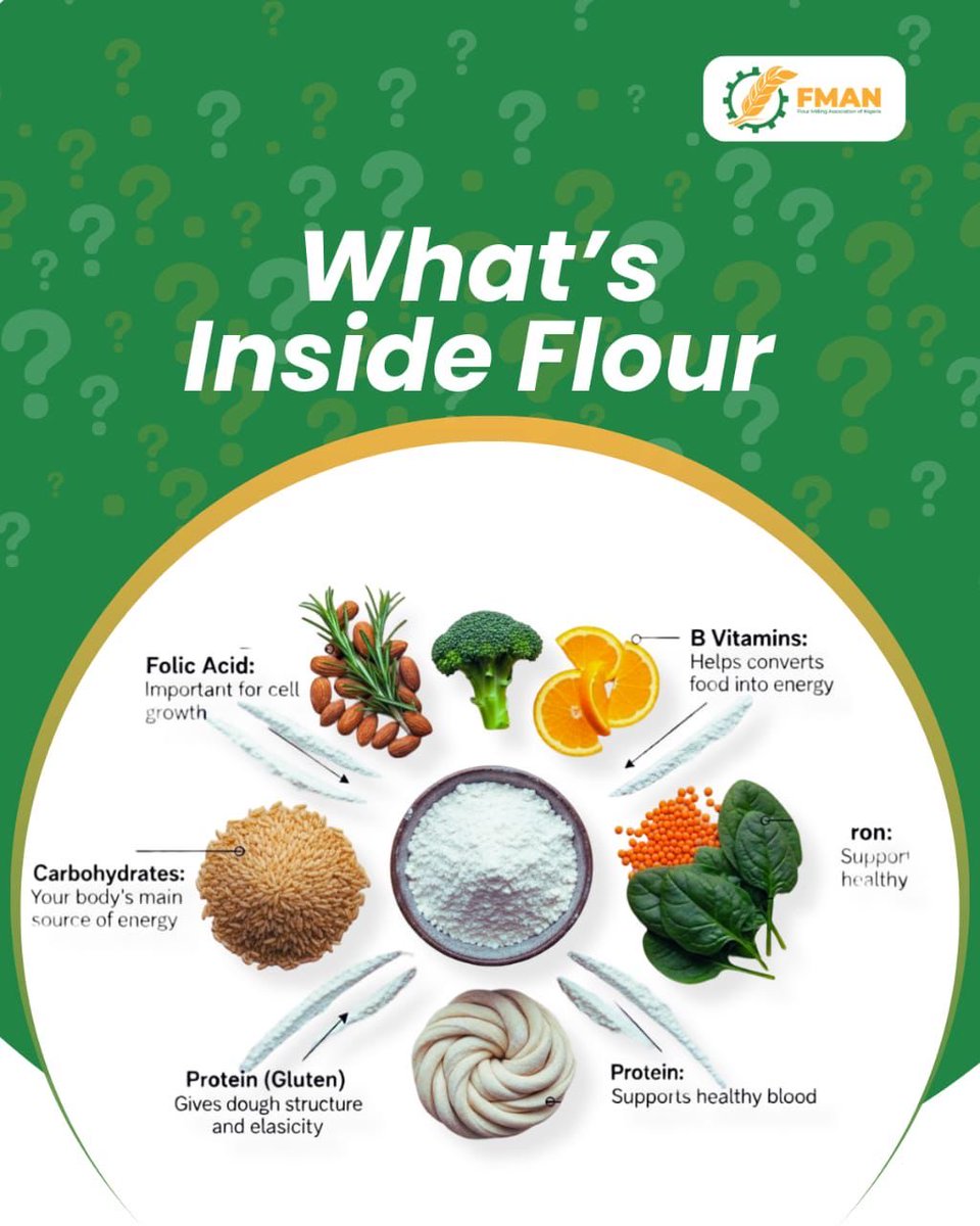 fmanng_'s tweet photo. Ever wondered what’s inside your flour? 🌾

Behind every bag of flour is a process designed to deliver quality, nutrition, and consistency.
Now you know what makes flour so essential!

#FMAN #flourfacts #wheatnutrition
#healthyeatingNigeria #foodprocessing https://t.co/H6424sk8LK