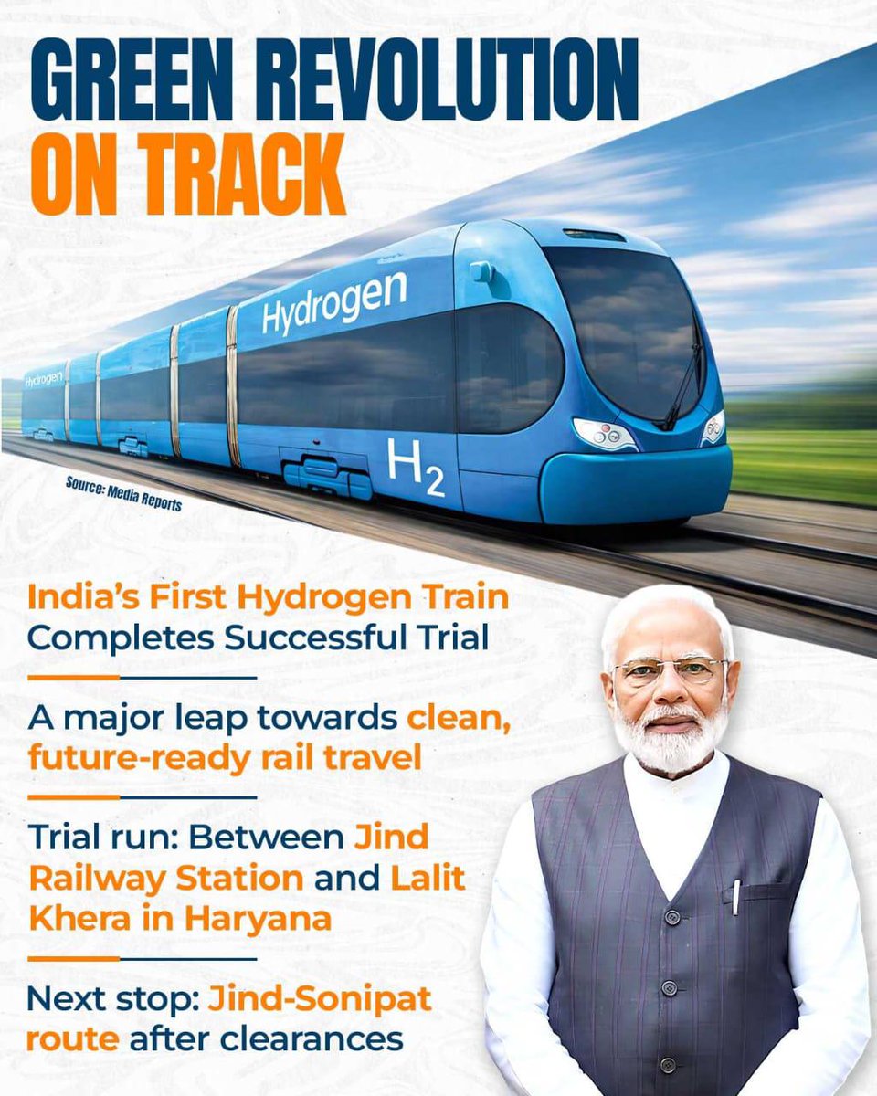 గౌరవ ప్రధాని శ్రీ <a href="/narendramodi/">Narendra Modi</a> గారి 'మేక్ ఇన్ ఇండియా' స్ఫూర్తితో, స్వదేశీ పరిజ్ఞానంతో తయారైన మొట్టమొదటి 'హైడ్రోజన్ రైలు' ట్రయల్ రన్‌ను విజయవంతంగా పూర్తి చేసుకోవడం మనందరికీ గర్వకారణం. పర్యావరణ హితమైన రవాణా దిశగా భారత్ వేసిన ఈ అడుగు, క్లీన్ ఎనర్జీ రంగంలో ప్రపంచ దేశాలకు దిక్సూచిగా