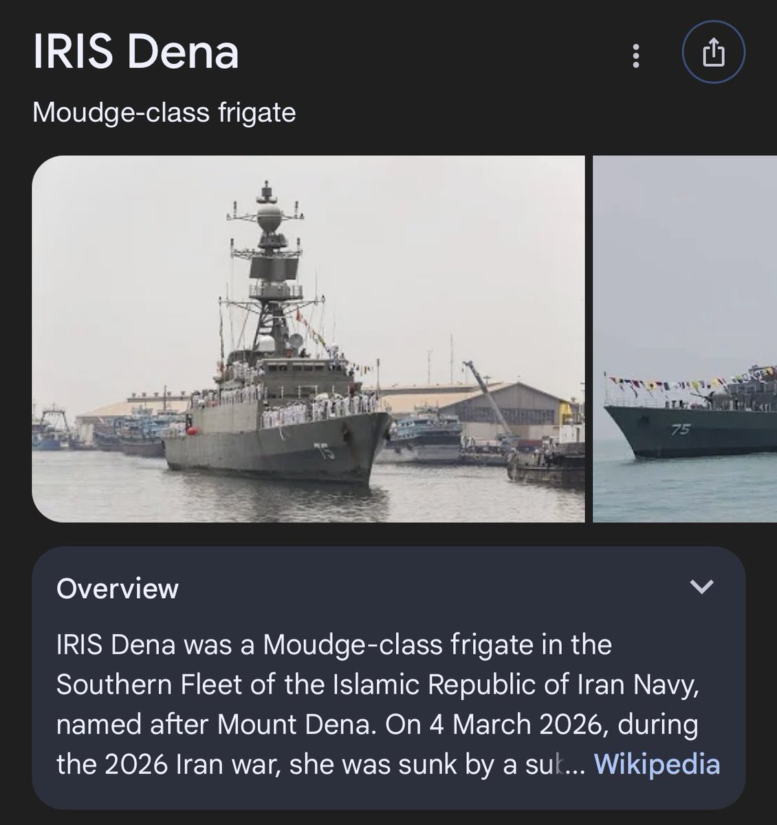 para3tamol's tweet photo. @araghchi As everyone can see frigate Dena is a warship and not a booze cruise and it was sunk during an active war. 
Go cry some more. https://t.co/CmCtUJhHIw