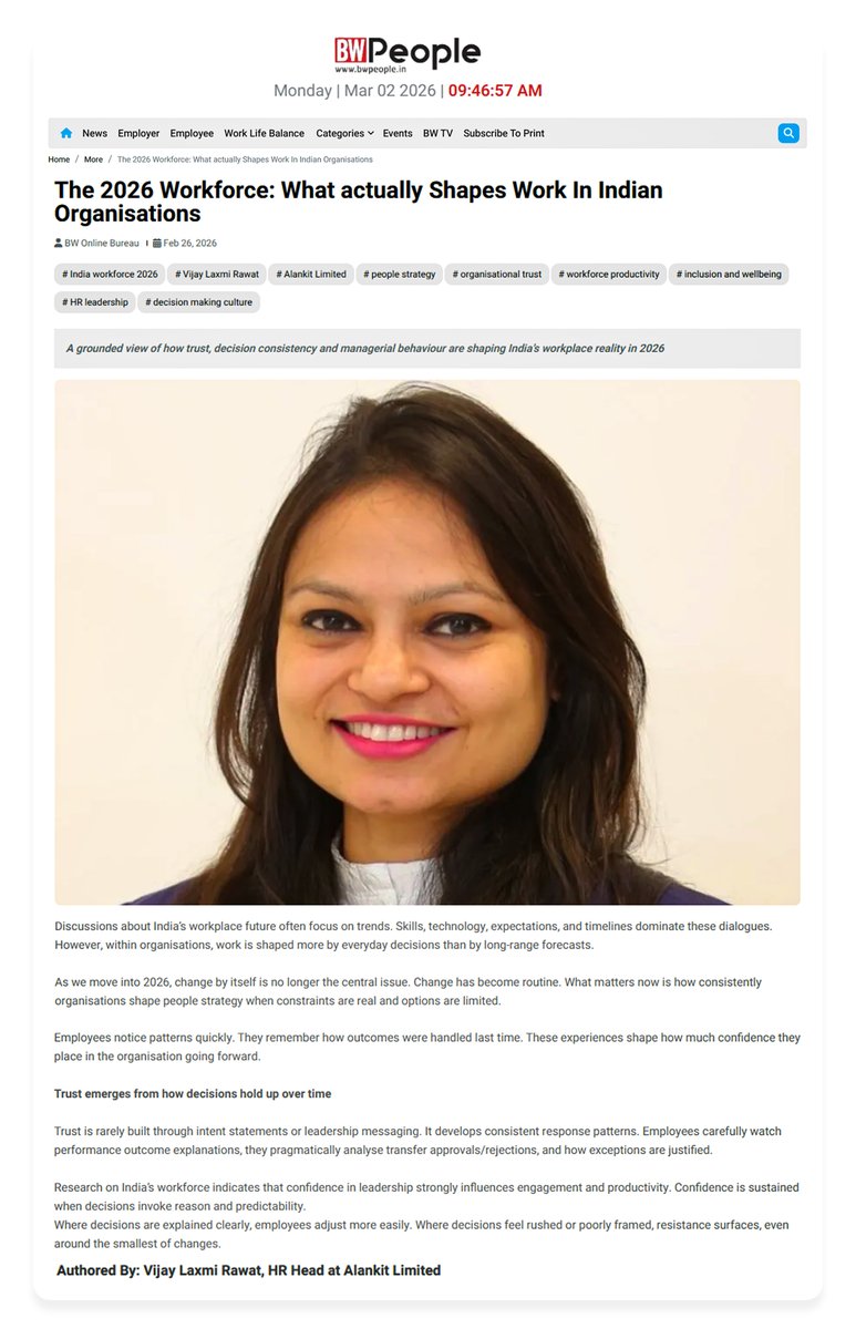 As we step into 2026, Indian organisations are learning that it’s not just technology or skills that shape the workplace—it’s trust, consistency in decision-making, and managerial behaviour that truly define productivity and culture.

Full coverage: bwpeople.in/article/the-20…