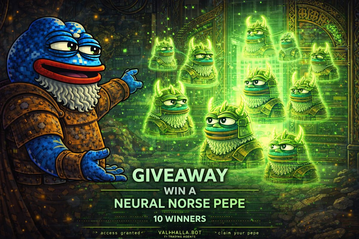 ⚔️ ENTER VALHALLA ⚔️

We're giving away
10 Neural Norse Pepes.

Each one unlocks the power of Valhalla.bot AI trading.

To enter:

• Follow, Like + RT
• Tag a fren
• Reply with your SOL addy

10 warriors will ascend in 24 hours.
