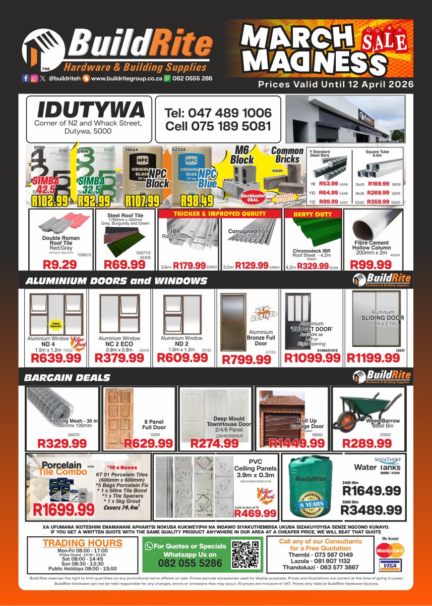 BuildriteH's tweet image. BuildRite Hardware March Madness Sale is now on at Idutywa... Are you ready for these Crazy prices and many more Amazing deals!!!😁

#BuildRite #buildriteh #buildritehardware #Idutywa #Dutywa #mbashe #easterncape #047