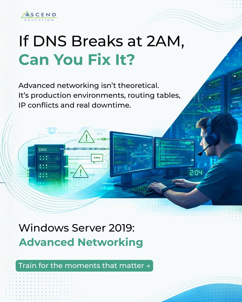 Ascend_EDU's tweet photo. Production networks don’t fail on schedule. Advanced DNS, routing and IP management skills matter most when downtime hits.

Details →
https://t.co/vWWSPIKLmm

#WindowsServer2019 #AdvancedNetworking #AscendEducation https://t.co/xGg1NQrl6z