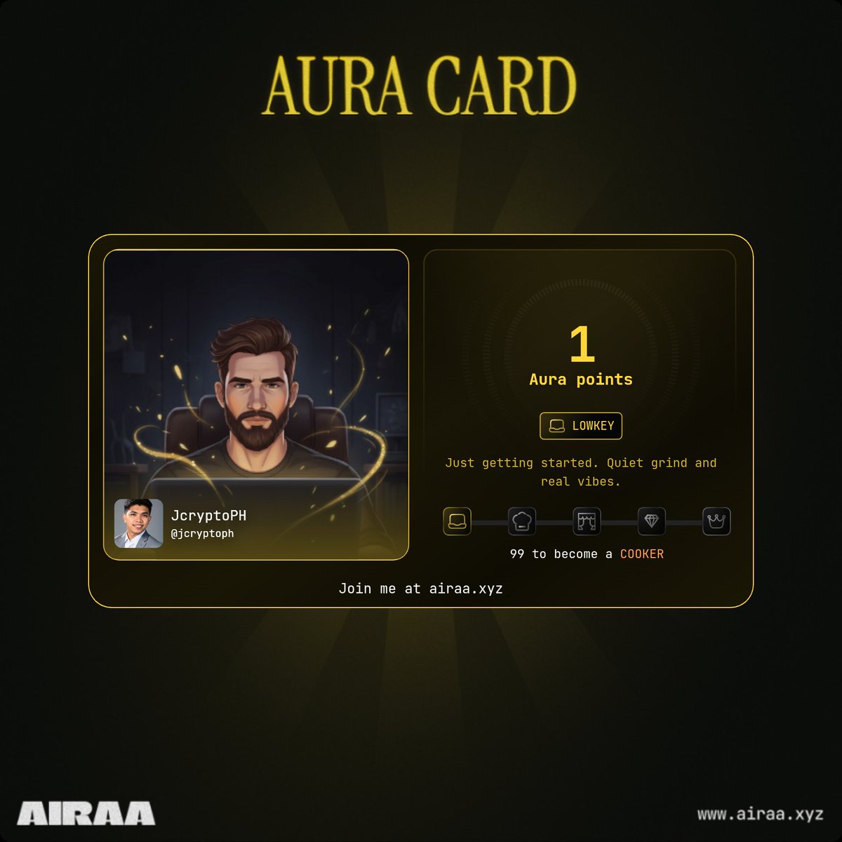 JcryptoPH's tweet photo. Ready to level up? 🚀

 Join me on @AiraaAgent and start stacking those Aura Points! 💎

Don’t miss out on the grind. Get started here:
👉 https://t.co/SO1flPmSDy

#AiraaAgent #AuraPoints #AIAgents #Web3 #Airdrop https://t.co/VigbTsDJbf