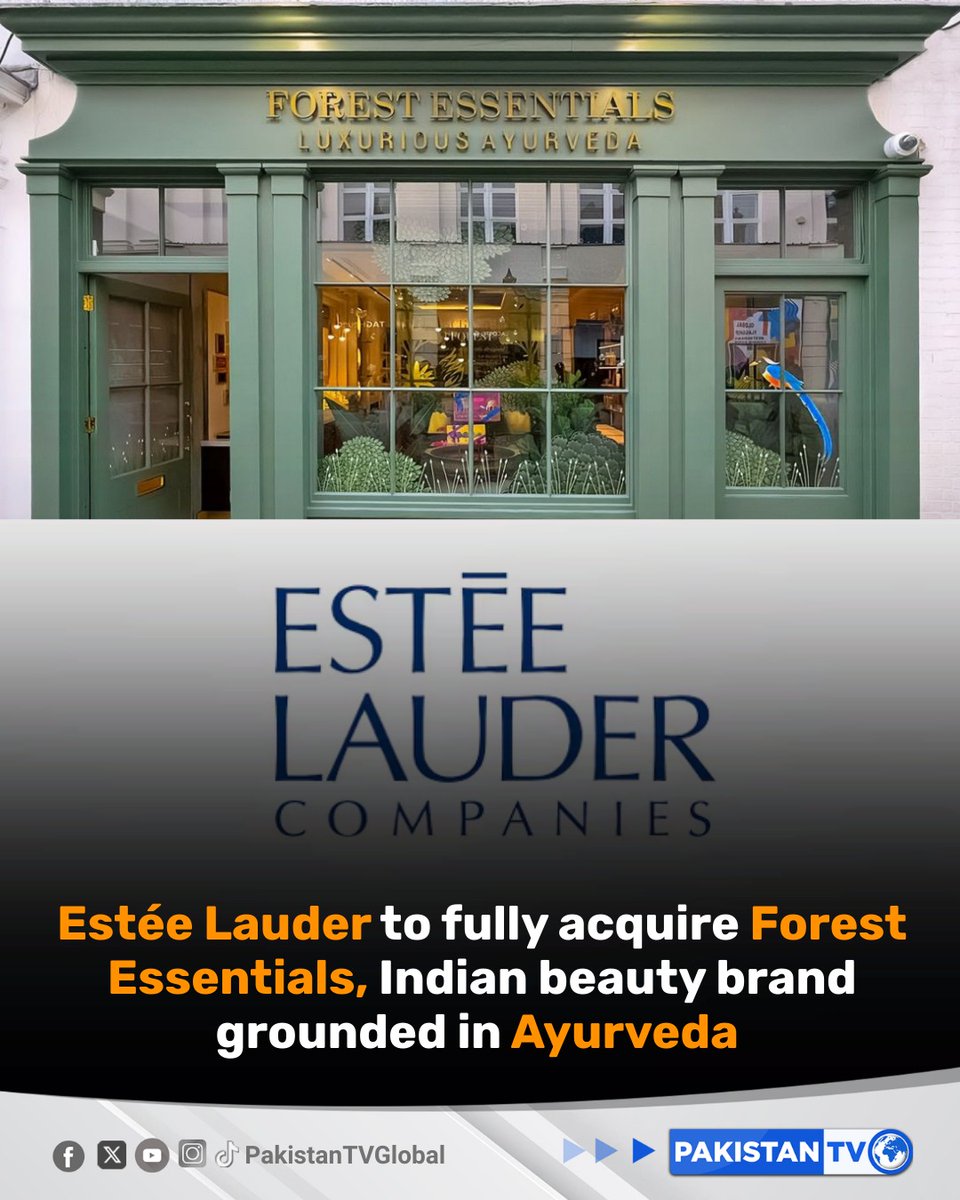 PakTVGlobal's tweet photo. The Estée Lauder Companies announces agreement to acquire the remaining stake in Indian beauty brand Forest Essentials, building on an 18-year partnership and aiming to expand its global reach by late 2026.

#esteelauder #ayurveda #forestessentials #Beautybrand #PakistanTV #PakistanTVglobal