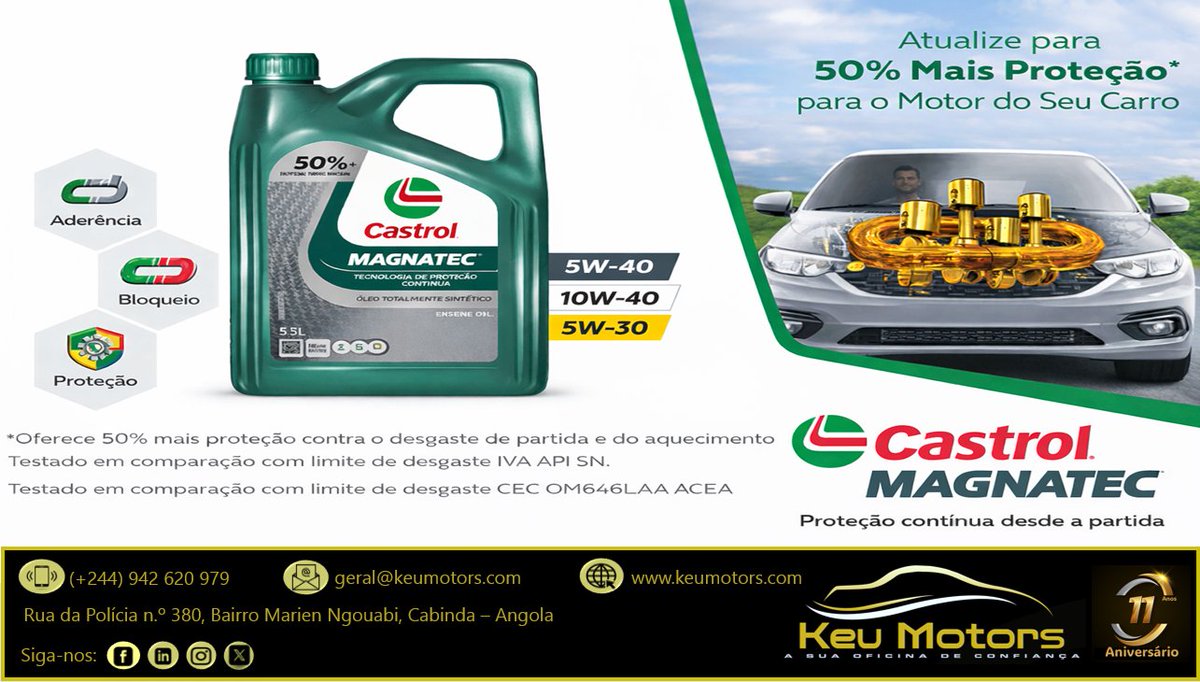 keumotors's tweet image. Castrol Magnatec, até 50% mais de proteção para a sua viatura.
A Keu Motors, Castrol Auto Service em Cabinda.
Estamos à sua espera na Rua da Polícia, de frente ao Largo do Ambiente, na cidade de Cabinda.
#KeuMotors #Cabinda #CastrolAutoService #Multimarcas #CastrolService
