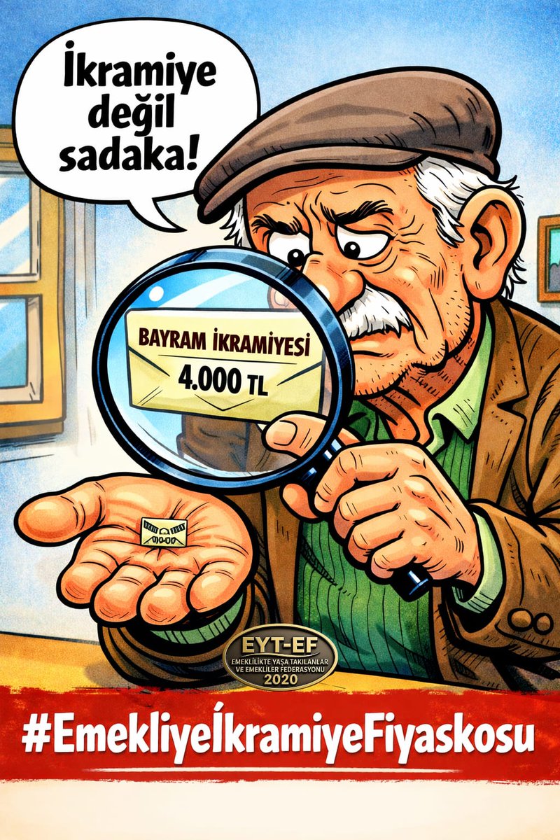 <a href="/ArzuLastikci/">EYT & EF Arzu LASTİKCİ</a> <a href="/RTErdogan/">Recep Tayyip Erdoğan</a> <a href="/isikhanvedat/">Prof. Dr. Vedat Işıkhan</a> <a href="/_cevdetyilmaz/">Cevdet Yılmaz</a> <a href="/iyiparti/">İYİ Parti</a> <a href="/eczozgurozel/">Özgür Özel</a> <a href="/EytEmeklilerFed/">EYT VE EMEKLİLER FEDERASYONU</a> <a href="/EYT_ED/">EYT VE EMEKLİLER DERNEĞİ</a> <a href="/GelecekPartiTR/">Gelecek Partisi</a> <a href="/yavuzagiraliog/">Yavuz Ağıralioğlu</a> <a href="/mahmutarikansp/">Mahmut Arıkan</a> EMEKLİ
👇
#EmekliyeikramiyeFiyaskosu

Açlık sınırı altında yaşam mücadelesi veren Emekliye;

İkramiye diye ödenen 4000 TL yi başarı gibi sunmak,
Tam bir Fiyaskodur !

Bayramları,
Bayram gibi yaşatacak ikramiye, #Emekli ye HAKtır!

#5000KısmiyeHakAmbargosu
<a href="/RTErdogan/">Recep Tayyip Erdoğan</a>
<a href="/isikhanvedat/">Prof. Dr. Vedat Işıkhan</a>