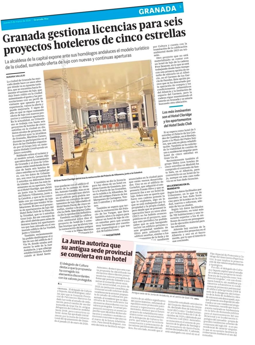📰 #Granada avanza en su modelo turístico sostenible que apuesta por la calidad, hoy la prensa se hace eco: seis nuevos proyectos hoteleros en tramitación y luz verde para Gran Vía 34. 
#GranadaAvanza
