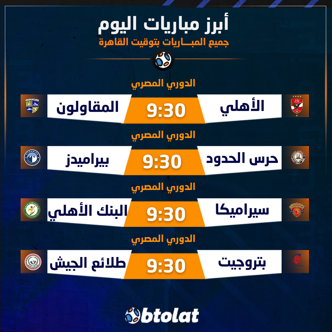 أبرز مباريات اليوم. الأهلي ولا بديل سوى الفوز أمام المقاولون. وبيراميدز في مواجهة حرس الحدود 